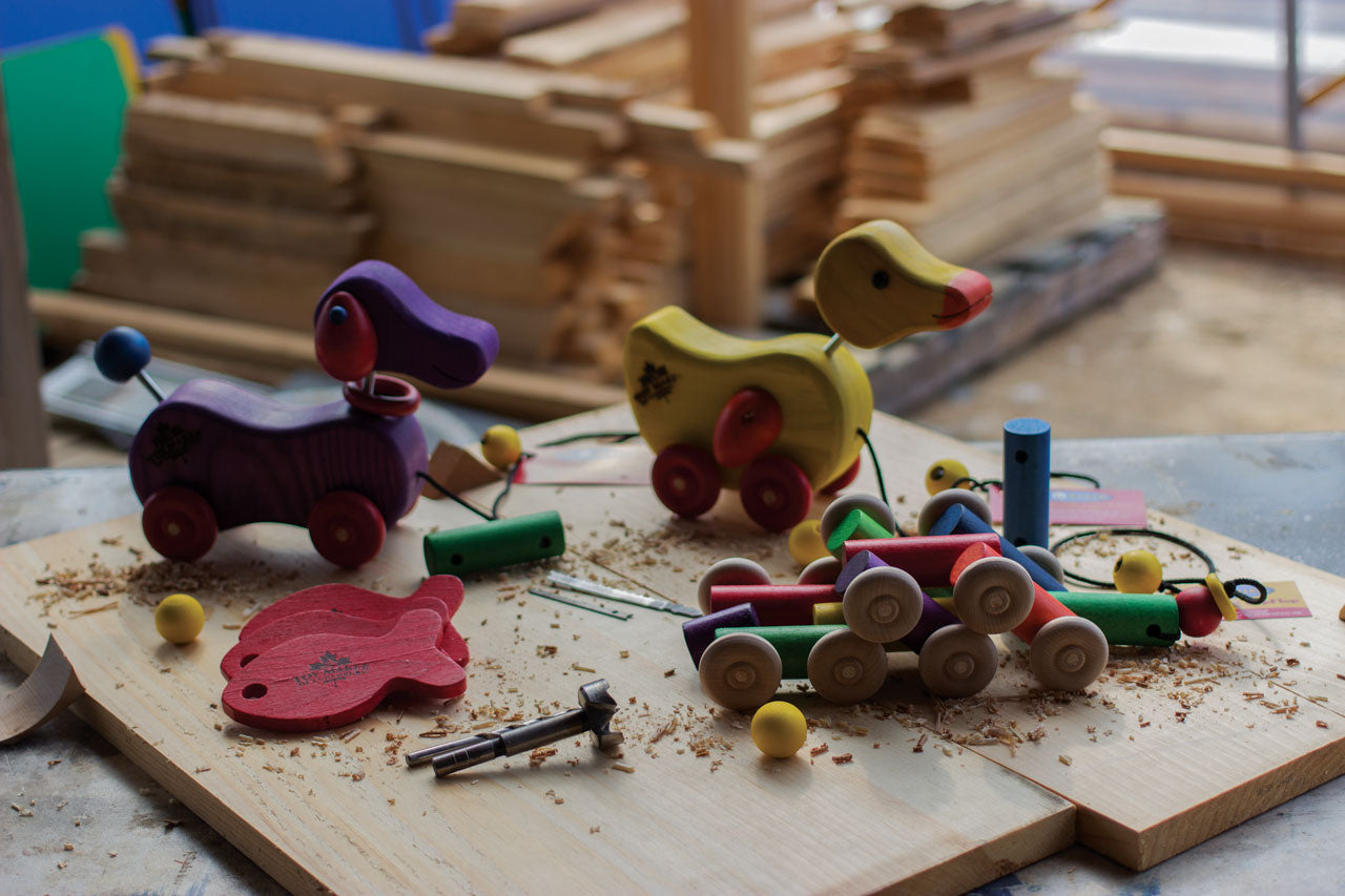 Pull dog and pull duck being built in the Toy Maker of Lunenburg worksop.