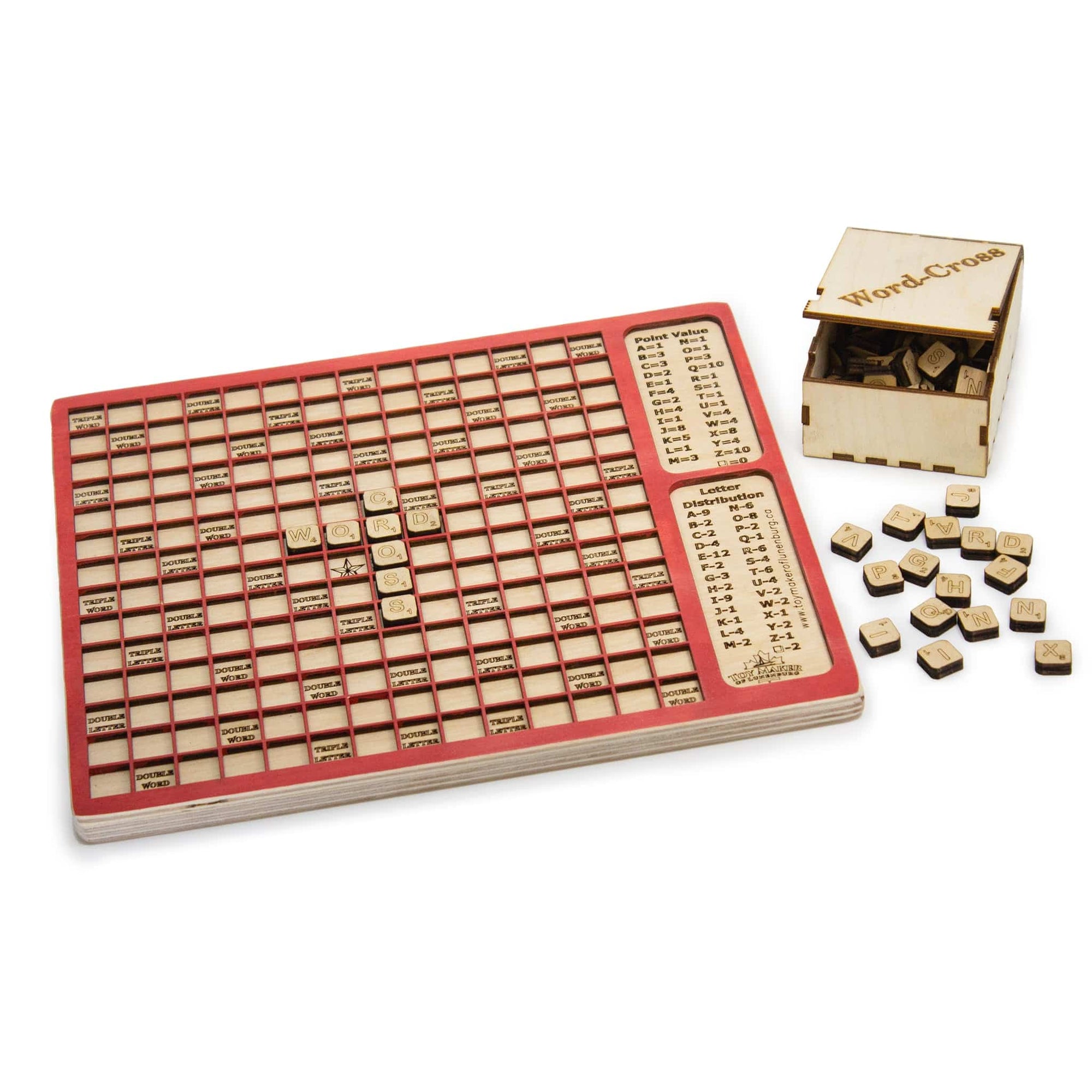 Toy Maker of Lunenburg Game Red Word-Cross Game with Letter Tiles Made from Plywood