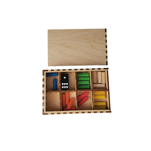 Wooden box with colorful pegs and compartments on a white background