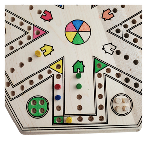 Wooden pegboard with colorful wooden pegs on a white background