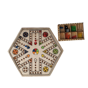 Wooden board game with pieces and dice on a white background