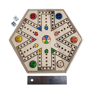 Hexagonal wooden board game with colorful markers and dice, accompanied by a ruler for scale.