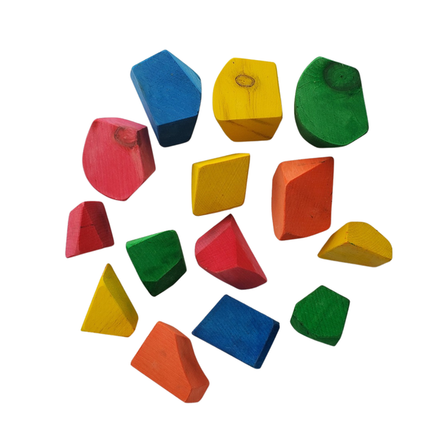 Set of colorful wooden geometric shapes on a white background