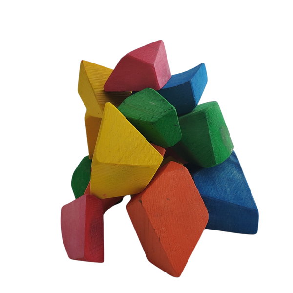 Colorful wooden geometric shapes on a white background