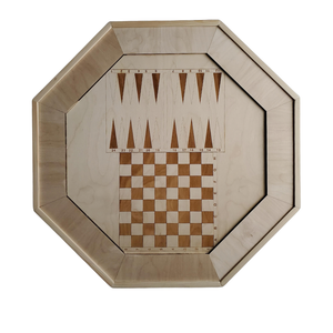Wooden backgammon board with checkered layout on a white background