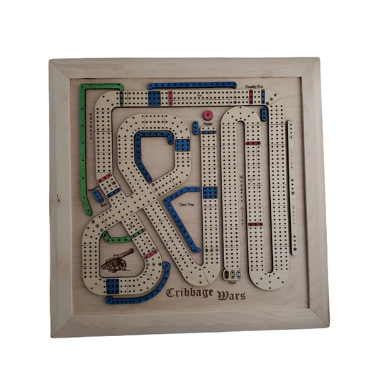Wooden cribbage board with pegs on a white background
