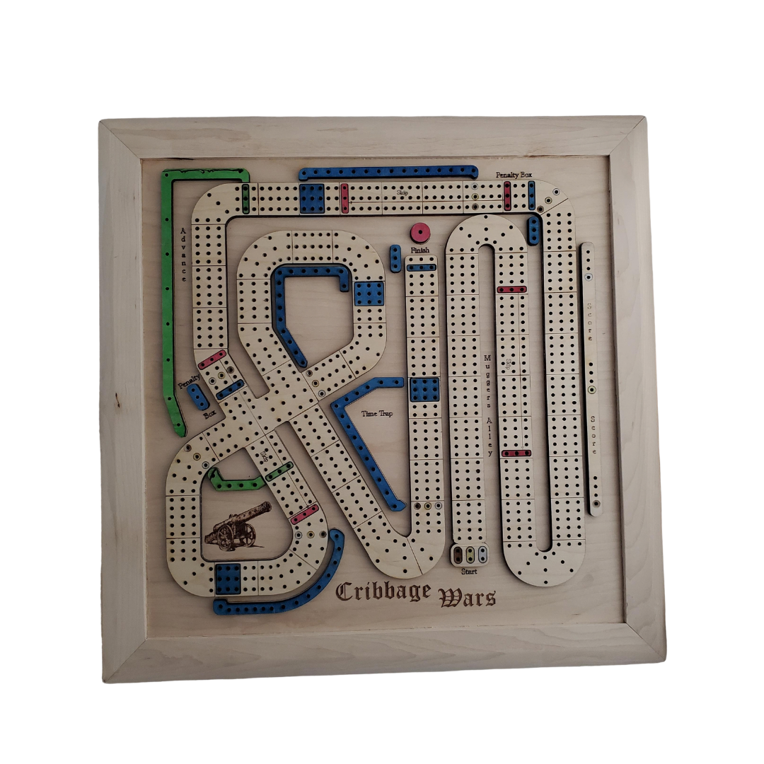 Wooden cribbage board with pegs on a white background