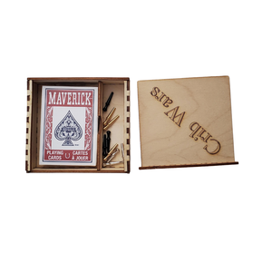 Maverick playing cards in a wooden box with a leather case on a white background