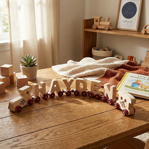 Wooden name train set spelling 'Hayden' on a wooden surface with a cozy room background.